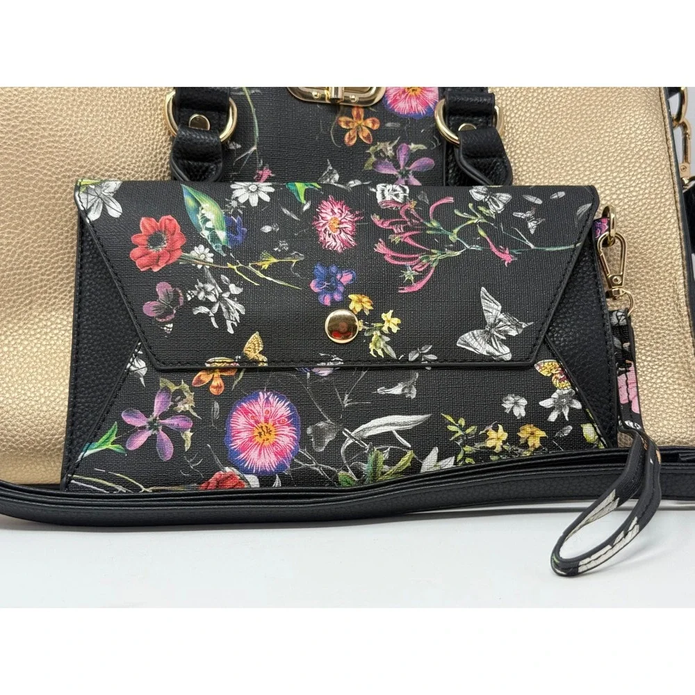 Dasein Floral Butterfly Satchel Handbag 3 Piece Set Black Gold Metallic Vegan